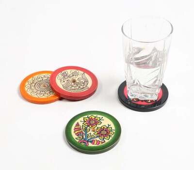 Hand Painted & Turned Wooden Channapatna Coasters with Stand (Set of 4)