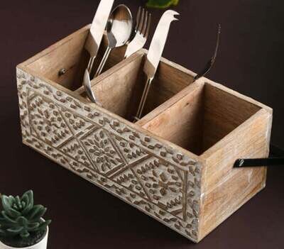 White Wood Carved Cutlery Stand (3 Storage Sections)