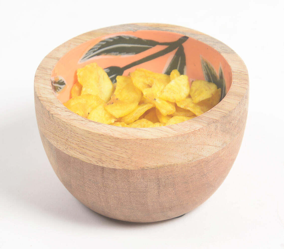 Tropical Leaves Orange Enameled & Turned Mango Wood Bowl