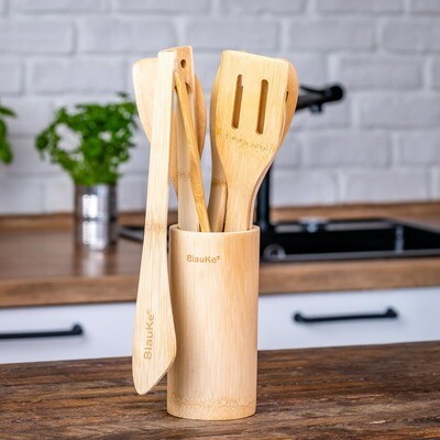Bamboo Kitchen Utensils Set and Utensil Holder (8 Pack)