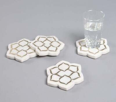 Inlaid Mughal Floral Motif Marble Coasters (Set of 4)