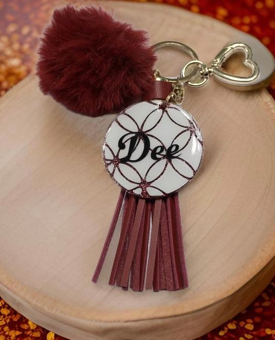 🎒"Dee” Burgundy Luxe Acrylic Keychain with Tassel &amp; Pom