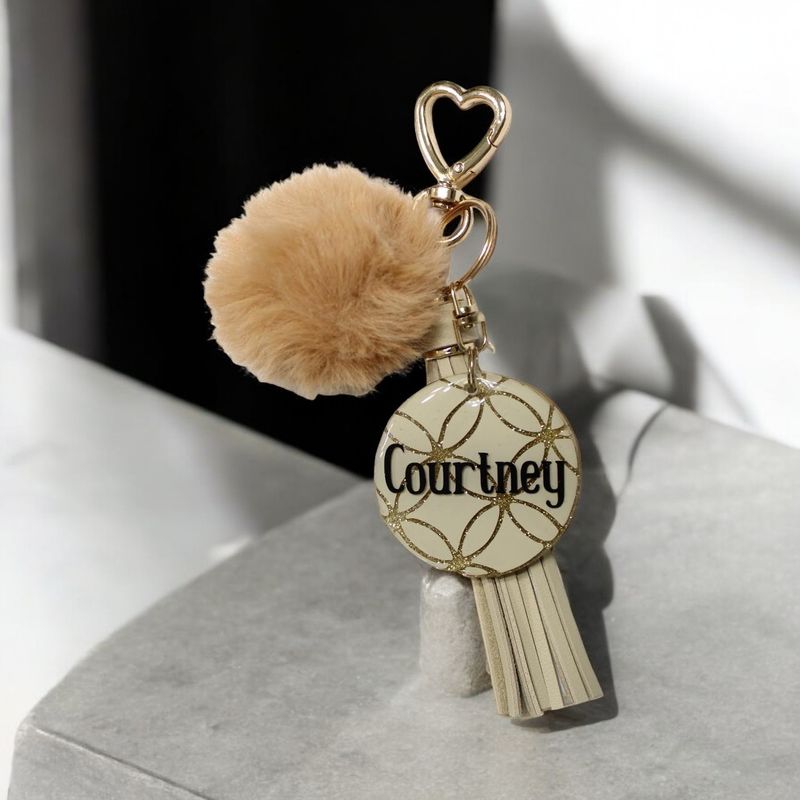 💼"Courtney” Beige Luxe Acrylic Keychain with Tassel &amp; Pom