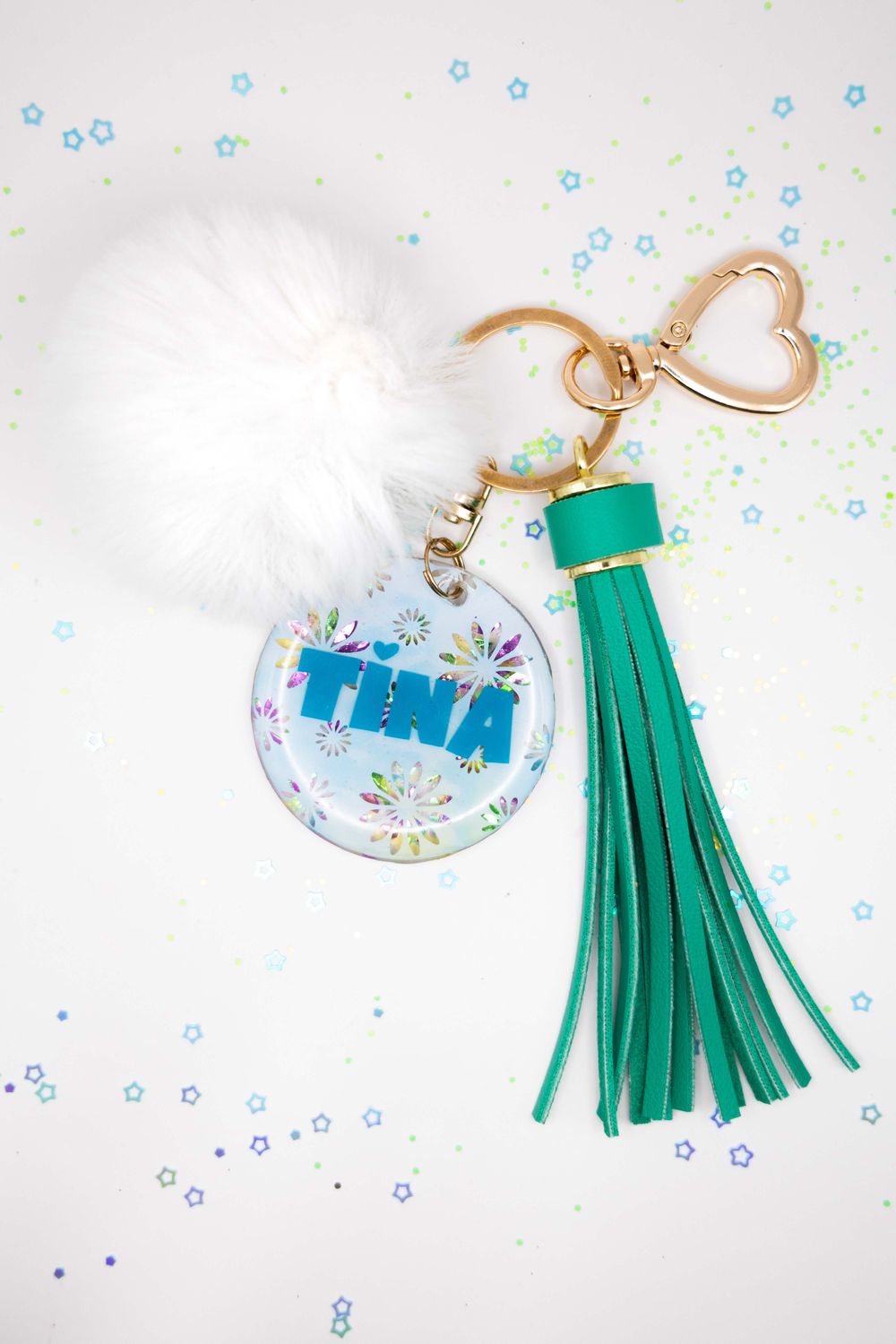 Custom Name Keychain with Tassel &amp; Pom Pom – Tie Dye Glitter Design