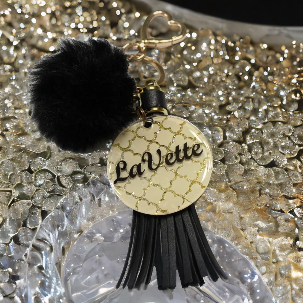✨ &quot;LaVette&quot; Beige Quatrefoil  Acrylic Keychain with Tassel &amp; Pom