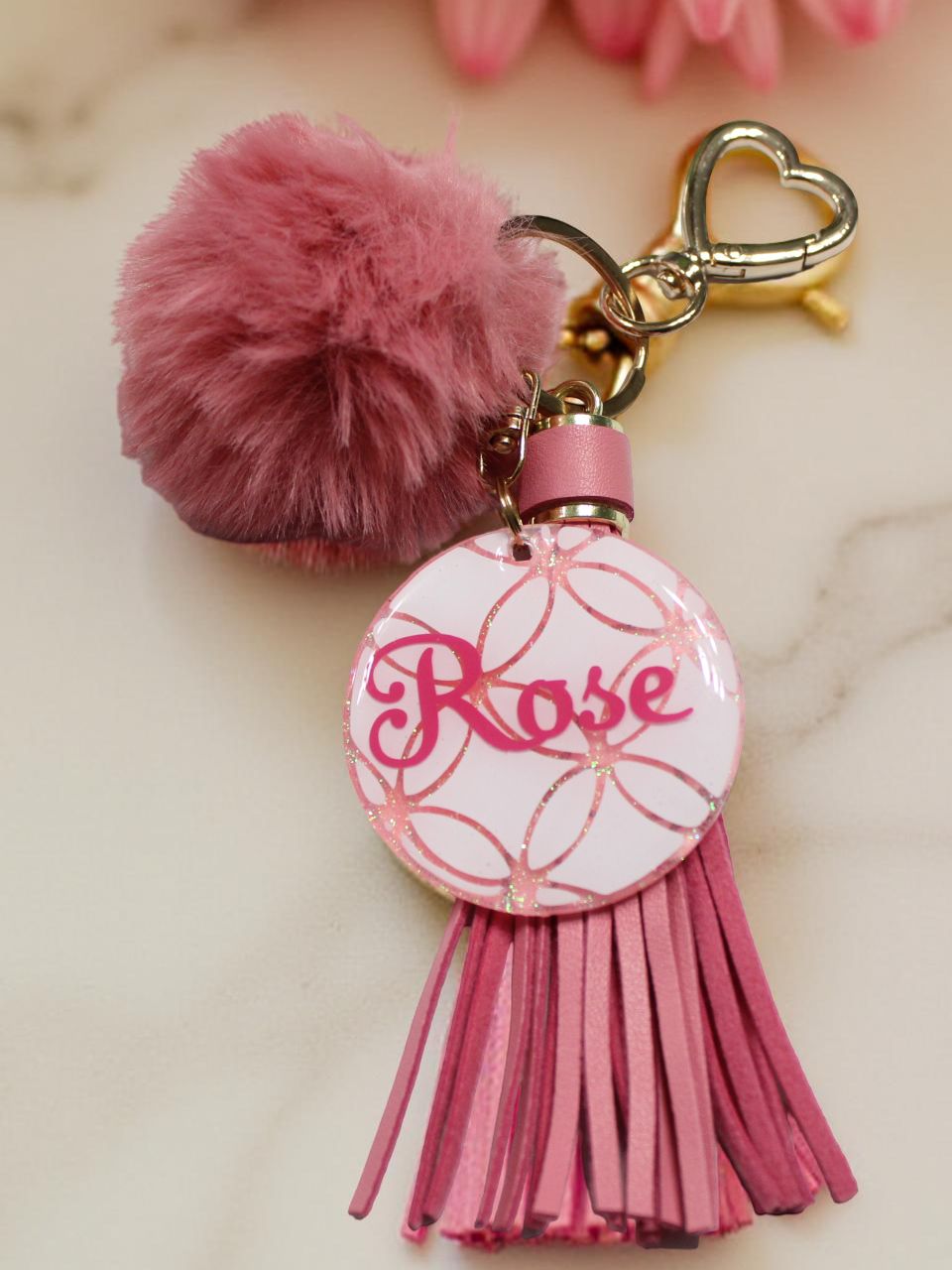 🌹“Rose” Pink Luxe Acrylic Keychain with Tassel &amp; Pom