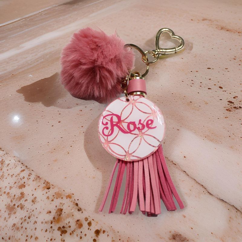 🌹“Rose” Pink Luxe Acrylic Keychain with Tassel &amp; Pom