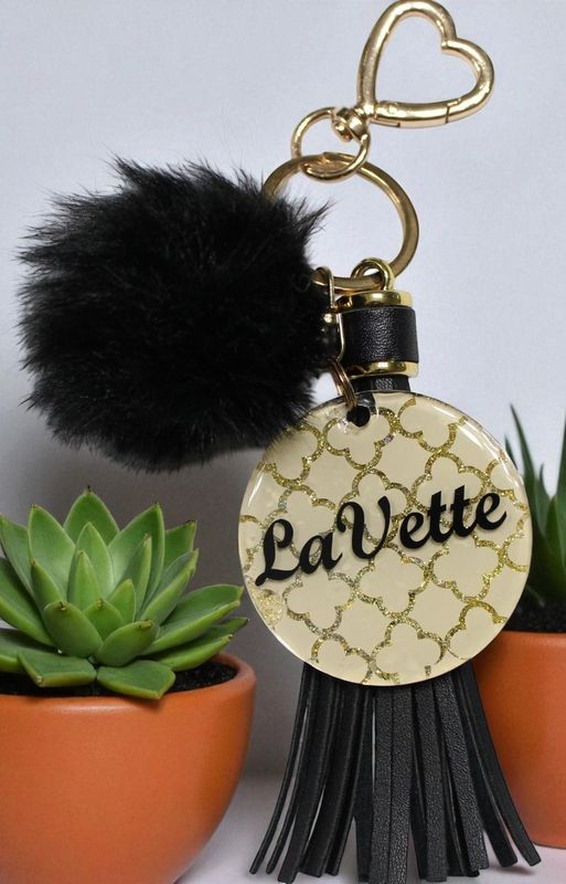 ✨ "LaVette" Beige Quatrefoil  Acrylic Keychain with Tassel &amp; Pom