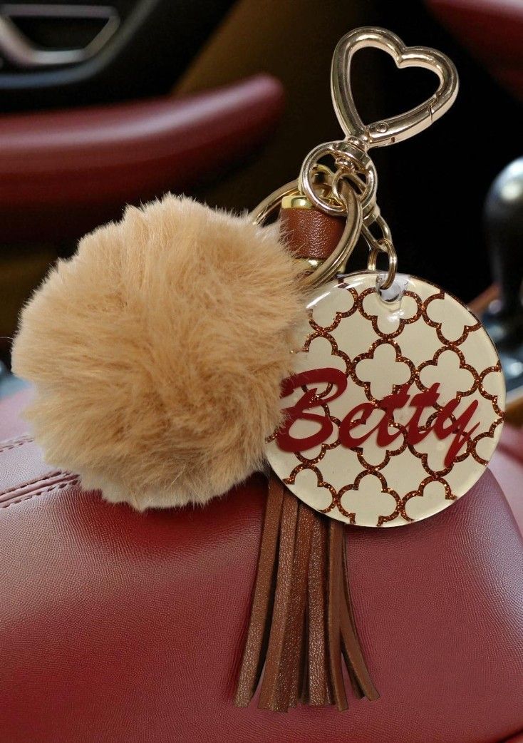 ✨ &quot;Betty&quot; Beige Quatrefoil  Acrylic Keychain with Tassel &amp; Pom