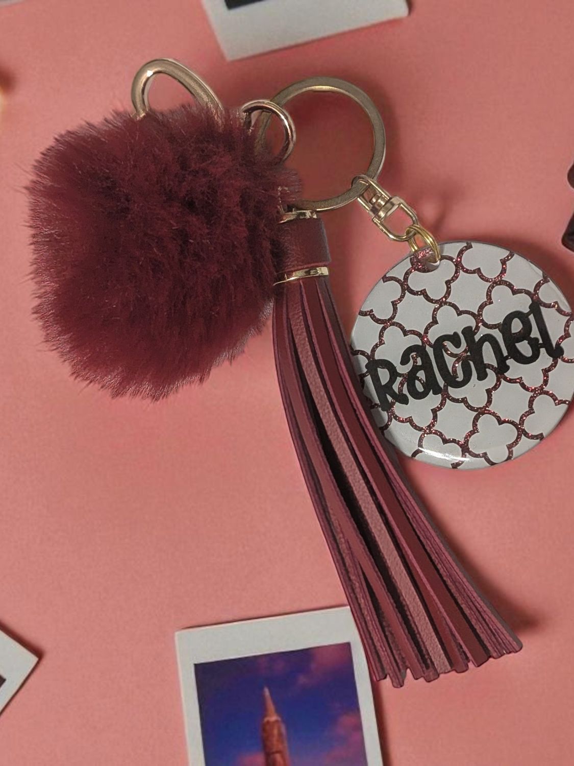 ✨ &quot;Rachel&quot; Quatrefoil  Acrylic Keychain with Tassel &amp; Pom