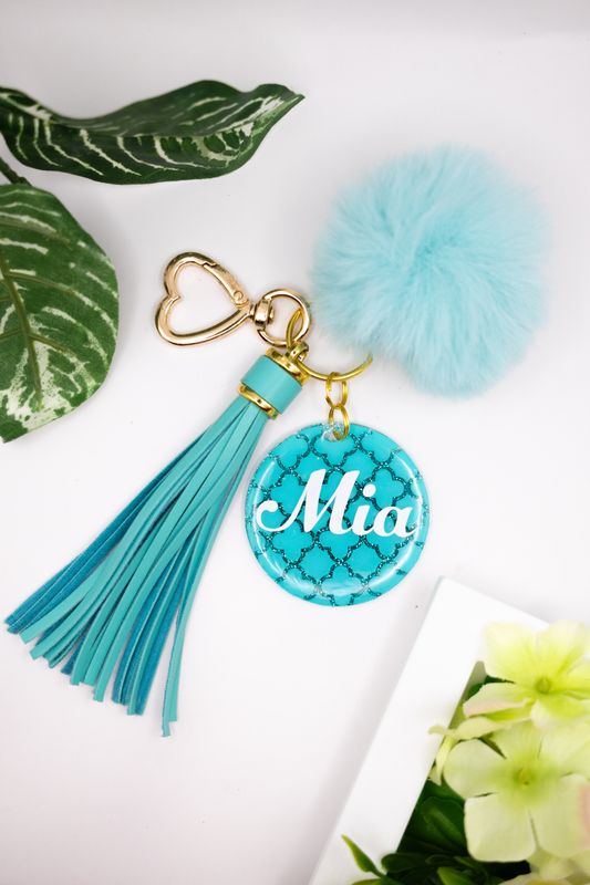 ✨"Mia" Teal Quatrefoil  Acrylic Keychain with Tassel &amp; Pom