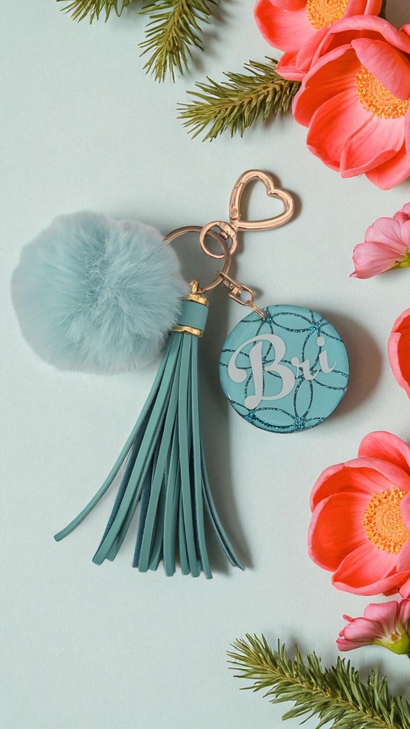 “Bri” Teal Luxe Acrylic Keychain with Tassel &amp; Pom