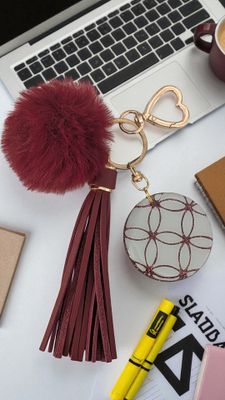 🎒Burgundy Luxe Acrylic Keychain with Tassel & Pom