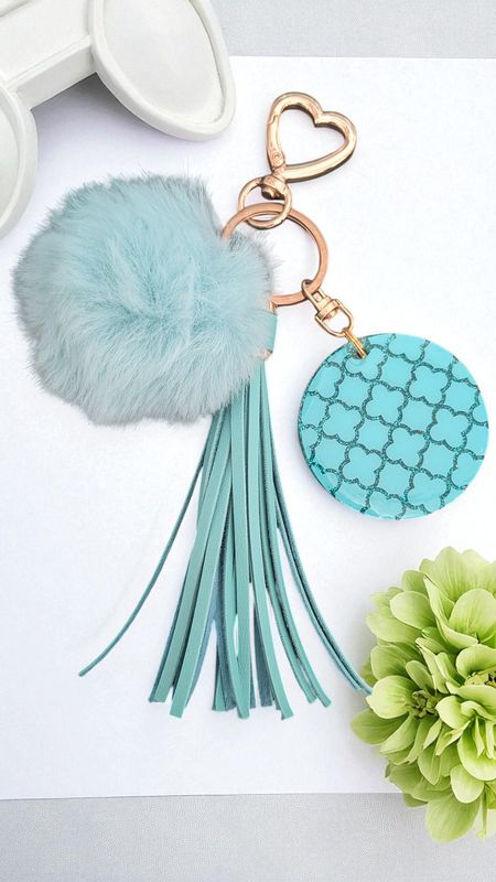 ✨Teal Quatrefoil  Acrylic Keychain with Tassel &amp; Pom