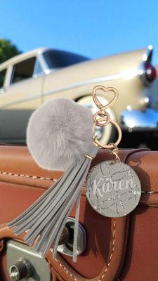 🪩 Gray Luxe Acrylic Keychain with Tassel &amp; Pom