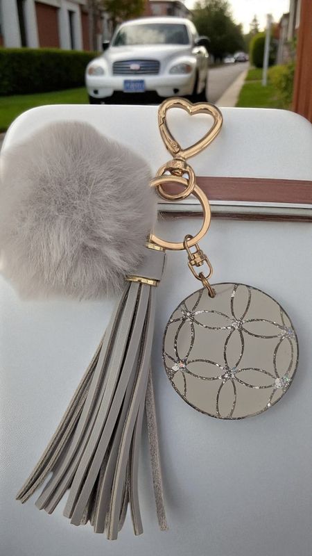 🪩 Gray Luxe Acrylic Keychain with Tassel &amp; Pom