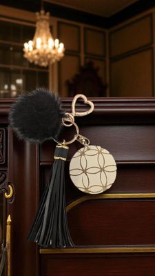 🌸Cream and Black Luxe Keychain with Tassel &amp; Pom