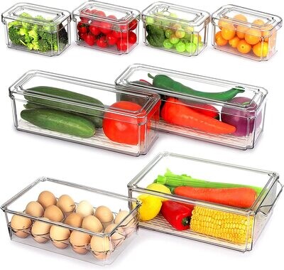 Plexel 8 pack Refrigerator Organizer Bins with Lids, Eggs Holder and Drain Tray