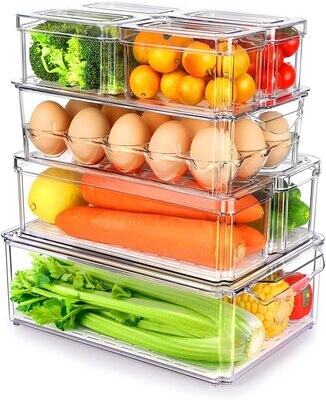 Plexel 8 pack Refrigerator Organizer Bins with Lids, Eggs Holder and Drain Tray