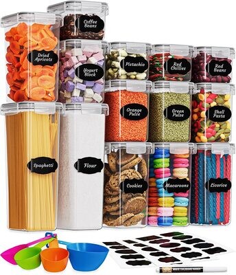 Plexel 14pc Airtight Food Storage Containers With Lids, With Chalkboard Marker, Labels and Measuring Spoon Set, Kitchen Storage Containers For Pantry Organization and Storage