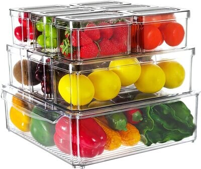 Plexel Refrigerator Organizer Bins, 10 pack Fridge Organizer, Clear Plastic Food Storage Containers, Canisters Sets for the Kitchen, Pantry Organization And Storage, with Removable Drain Tray.