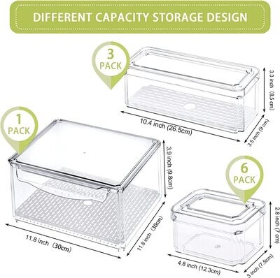 Plexel Refrigerator Organizer Bins, 10 pack Fridge Organizer, Clear Plastic Food Storage Containers, Canisters Sets for the Kitchen, Pantry Organization And Storage, with Removable Drain Tray.