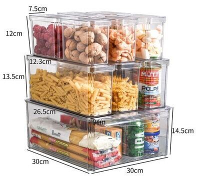 Plexel Large Capacity Refrigerator Organizer Bins, 10 Pack Fridge Organizer, Clear Plastic Food Storage Containers, Canisters Sets for the Kitchen, with Removable Drain Tray.