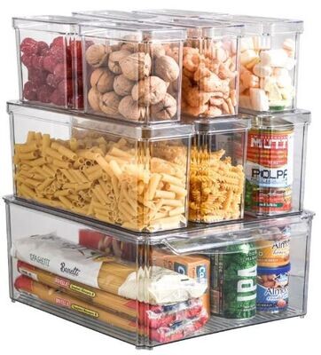 Plexel Large Capacity Refrigerator Organizer Bins, 10 Pack Fridge Organizer, Clear Plastic Food Storage Containers, Canisters Sets for the Kitchen, with Removable Drain Tray.