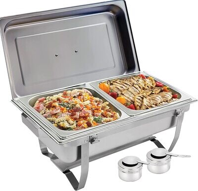 9 Liter  Full Size Stainless Steel Chafing Dish Buffet Set, Silver Rectangular Catering Chafer Warmer Set with Tray Pan Lid Folding Frame Stand for Kitchen  (1 Big + 2 Medium + 3 Small Trays)