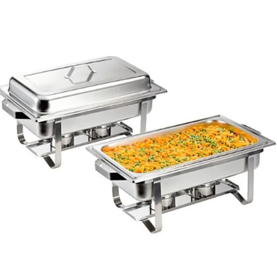 9 Liter  Full Size Stainless Steel Chafing Dish Buffet Set, Silver Rectangular Catering Chafer Warmer Set with Tray Pan Lid Folding Frame Stand for Kitchen  (1 Big + 2 Medium + 3 Small Trays)