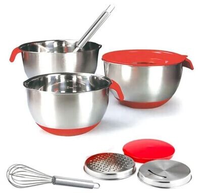 Plexel Mixing Bowls Set with Airtight Lids, 3 PCS Stainless Steel, Nesting Bowls with 3 Grater Attachments, Whisk &amp; Non-Slip Bottoms
