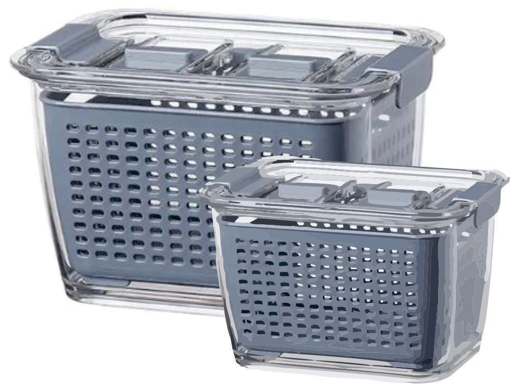 Plexel 2-pack Vegetable and Fruit Storage Containers for Fridge Organization. Produce Saver Containers for Refrigerator. BPA-Free Kitchen Organization with Draining Baskets and Lids with Air Vents