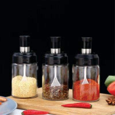 Plexel glass Spice Jar with Spoon, Seasoning Container Bottle with Black Cap 250ml