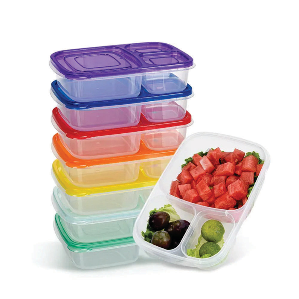 Plexel  7 Pack Bento Lunch Box, Meal Prep Containers, Reusable 3 Compartment BPA-Free Plastic Divided Food Storage Container Boxes