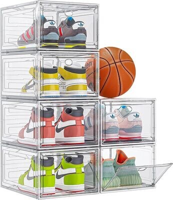 Plexel Pack of 3 Shoe Storage Box, Clear Plastic Stackable Shoe Organizer for Closet, Space Saving Foldable Shoe Rack Sneaker Container Bin Holder