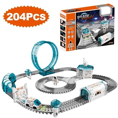 Space Toy for Kids, 204 Pieces Train Set for Kids 3-8 with 1 Mini Star Projector, 1 Light Up Car and 2 Astronaut Dolls, Flexible Race Track