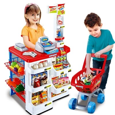 Play Home Supermarket Grocery Stall Toy Set with Scanner and Shopping Trolley of Vegetables, Fruits, Food, Cart Accessories - Multicolour