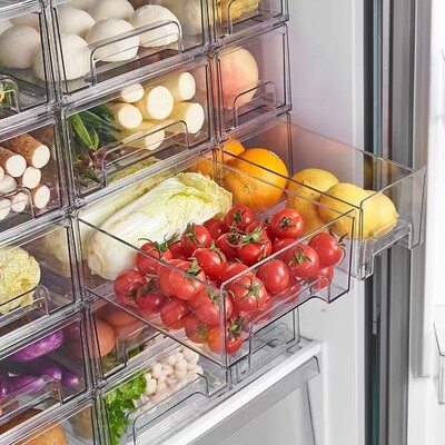 Plexel Refrigerator Drawer Food-Grade  Organizer Storage Box. Stackable Clear Plastic Refrigerator Storage Containers for Kitchen.