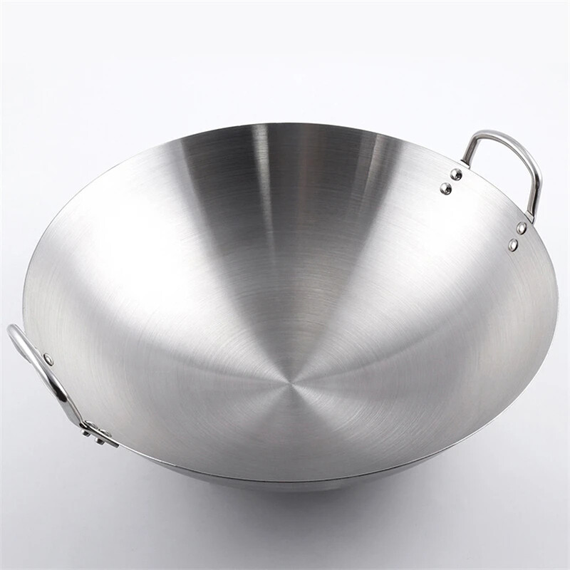 Professional Stainless Steel Non-Stick Frying Wok. Double Ear 201 Non-Magnetic Stainless Steel Wok.  Fast Heat Conduction Uncoated Chinese Easy to Clean Wok Suitable for Gaz Cooker