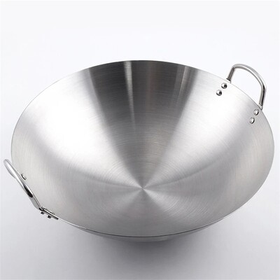 Professional Stainless Steel Non-Stick Frying Wok. Double Ear 201 Non-Magnetic Stainless Steel Wok. Fast Heat Conduction Uncoated Chinese Easy to Clean Wok Suitable for Gaz Cooker