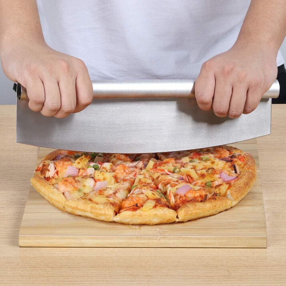 35cm Pizza Cutter. Sharp Stainless Steel Slicer Knife - Rocker Style with Blade Cover. Chop and Slices Perfect Portions + Dishwasher Safe – Premium Pizza  Accessory