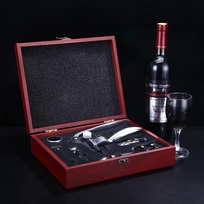 Modern Wine Bottle Opener, Metal Pourer Accessories Set, Top Handle Travel Wine Gift Box, Made of Stainless Steel and Natural Wood.