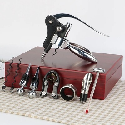 Modern Wine Bottle Opener, Metal Pourer Accessories Set, Top Handle Travel Wine Gift Box, Made of Stainless Steel and Natural Wood.