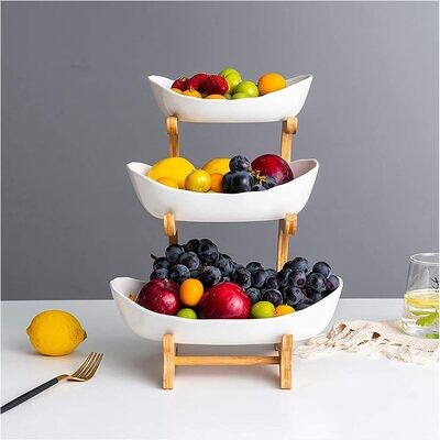 3 Tier Fruit Basket, Ceramic Fruit Bowl for Kitchen Counter, Fruit Bowl for Home Use with Holder for Fruit Vegetable Tray Snacks Nuts Bread Candy Storage Holder (White Porcelain)