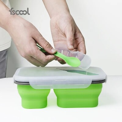 Fscool  Portable Silicone Folding  Lunch Box  2 Compartments, Food Grade Silicone, High Temperature Resistant