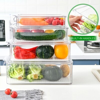 Plexel Pack of 4 Refrigerator Organizer Bins with Lids Clear Food Storage Containers Stackable Kitchen Organization