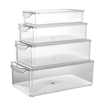 Plexel Pack of 4 Refrigerator Organizer Bins with Lids Clear Food Storage Containers Stackable Kitchen Organization