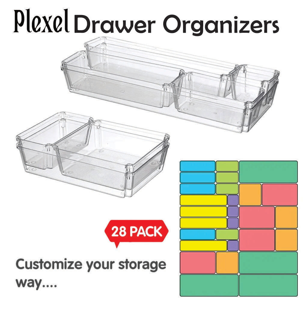 Plexel 28 Pieces Drawer Organizers with Non-Slip Silicone Pads, 7-Size Desk Drawer Organizer Trays Storage Tray for Makeup, Jewelries, Utensils in Bedroom Dresser, Office and Kitchen (Clear)