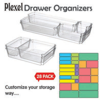 Plexel 28 Pieces Drawer Organizers with Non-Slip Silicone Pads, 7-Size Desk Drawer Organizer Trays Storage Tray for Makeup, Jewelries, Utensils in Bedroom Dresser, Office and Kitchen (Clear)