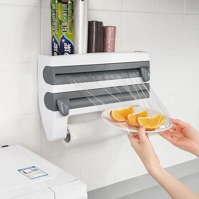 Wall Roll Holder, Paper Holder, Kitchen Roll Holder for 3 Rolls with Cutting Heads and Spices Storage Surface 4 in 1 for Kitchen (Grey)